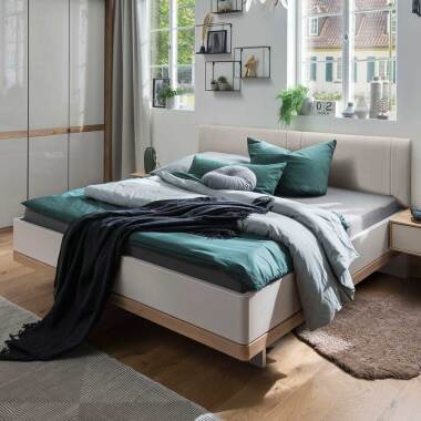 Design Bett in Beige und Eiche Bianco gepolstertem