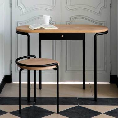 Holztisch aus Eiche & Schreibtisch Kombination in Schwarz Stahl Eiche Massivholz