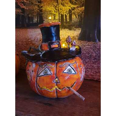 Keramik Kürbis Mit Zylinder Skulptur Kunst Steampunk Halloween Dekoration