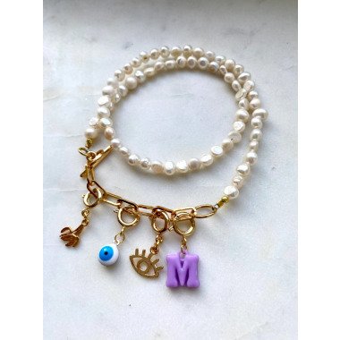 Perlen Und Charms Halskette | Buchstabe Perlenkette| Initiale Kette| 18K