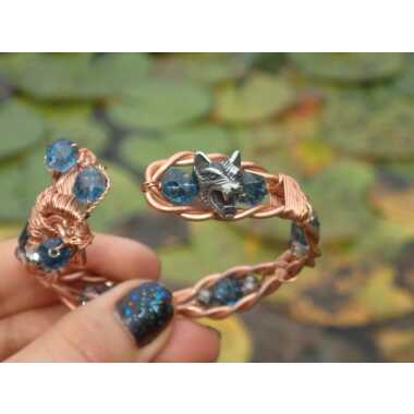 Upcycling Kupfer Armband Wolfskopf Mit Quarz Perlen Blau Silber Geometrisch