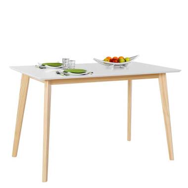Designtisch aus Holz & Küchen Tisch im Skandi Design Weiß und Kieferfarben