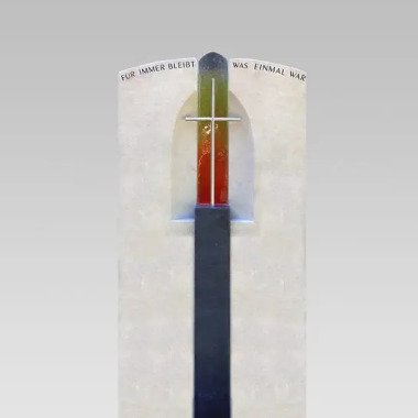 Günstiger Grabstein mit Regenbogen & Urnengrabstein Rainbow Glas mit Edelstahl Kreuz Lumos