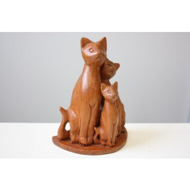 Katzenfamilie Aus Teak | Vintage Kätzchen Teakholz Holzfigur Midcentury