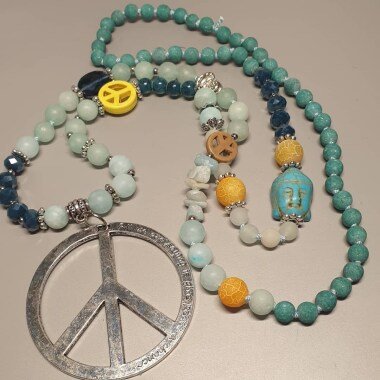 Jade, Achat, Glas, Metall Naturstein Kette Mit Buddha Boho Peace