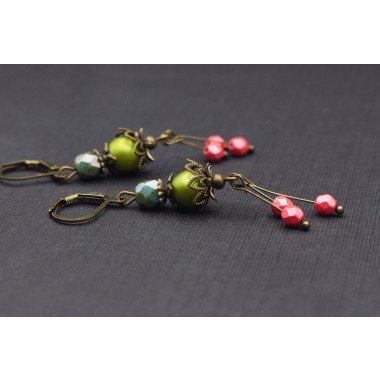 Ohrringe, Olivgrün, Perlen, Fuchsia, Antik