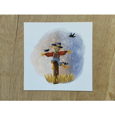 Vogelscheuche Wandbild | 20x20 Kinderzimmer Illustration Raben Fine Art Papier