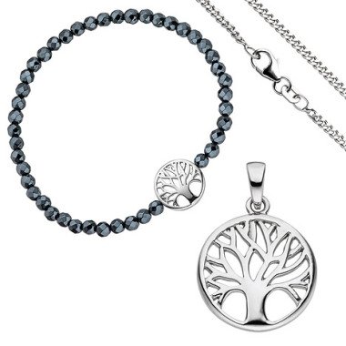 Armband mit Anhänger mit Hämatit & SIGO Schmuck-Set Baum Lebensbaum Weltenbaum 925 Silber