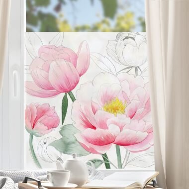 Fensterfolie Zeichnung Rosa Päonien I