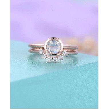 Gold-Ehering mit Diamant & Blau Mondstein Verlobungsring Vintage Rose Gold