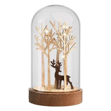 LED Glasglocke Weihnachtsszene im Glas beleuchtet Rentier Baum Wald Holz 20cm