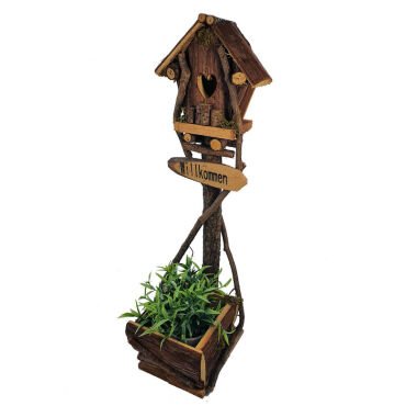 Spetebo - Holz Vogelhaus mit Pflanztopf auf Ständer - 58 cm - Deko Nistkasten mi