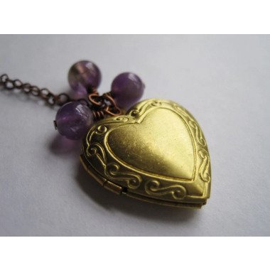 Vintage Messing Herz Medaillon Halskette, Anhänger, Amethyst Perlen, Februar Bir