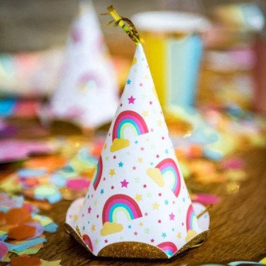 6 Glitzernde Regenbogen Partyhütchen, Kinder