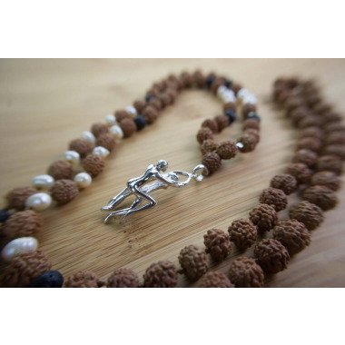Tantra Mala Prayer Bead Necklace, Rudraksha Beads, 925 Sterling Silver