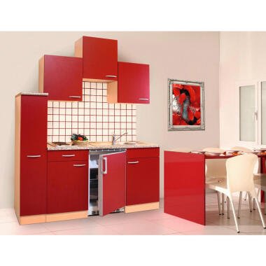 Respekta Küchenblock Singleküche , Rot, Buche , Kunststoff , 1,1 Schubladen
