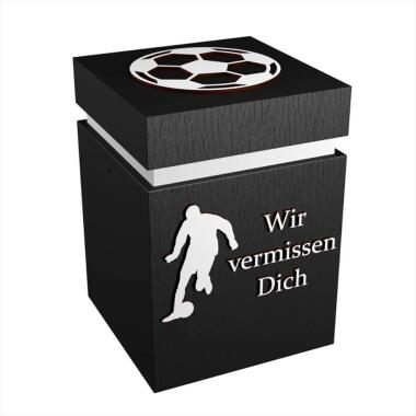 Schöne eckige schwarz weiße Fußball Holz Urne mit Schriftzug Fußball