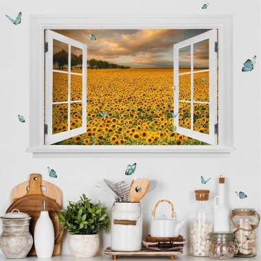 3D Wandtattoo Offenes Fenster Feld mit Sonnenblumen