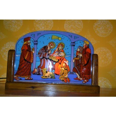 Vintage Tisch Lampe /Leuchte Glas /Holz Heilige 3 Könige Jesus 70Er Jahre