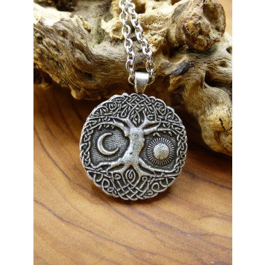 Ethnoschmuck aus Edelstahl & Baum Mond Sonne ~ Amulet Kette Antik Silber