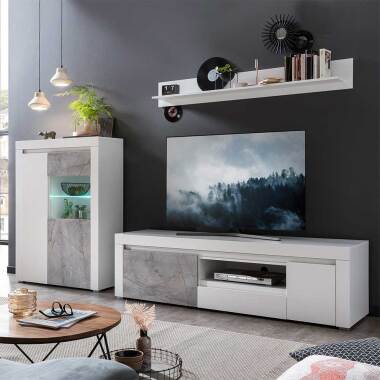 TV Wohnwand mit Wandboard Weiß & Steinoptik Grau (dreiteilig)