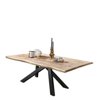 Baumtisch & Küchentisch rustikal aus Mangobaum Massivholz und Metall Baumkante