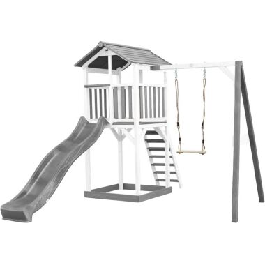 Beach Tower Spielturm aus Holz in Weiß & Grau Spielhaus für Kinder mit grauer Ru