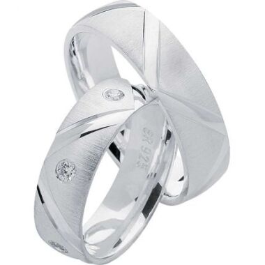 Breites Ringpaar aus quermattiertem Silber, mit poliertem, gezacktem Muster u...