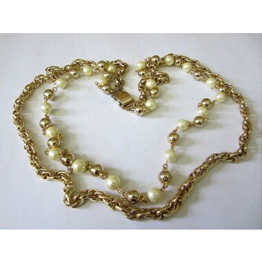 Hochwertige Perlenkette Doppelreihig Gold-Weiß 77 cm Kette Halskette Vintage