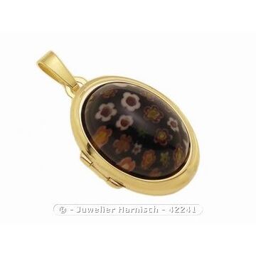 Millefiore Glas schwarz Cabochon Gold 585 Medaillon