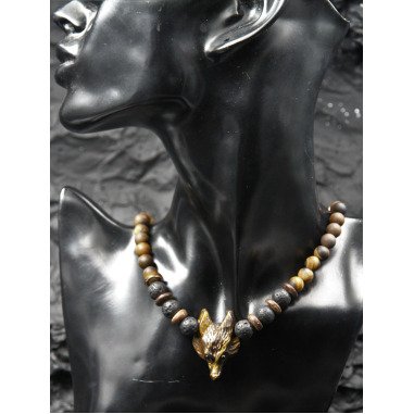 Perlenkette mit Tigerauge & Fuchs Halskette Tigerauge Holz Lava Perlen
