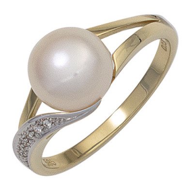 SIGO Damen Ring 585 Gold Gelbgold 1 Süßwasser Perle 6 Diamanten Brillanten Perle