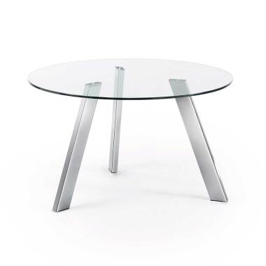 Glastisch mit runder Klarglasplatte 3-Fußgestell aus chromfarbenem Stahl