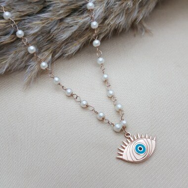 Halskette Böses Augen Mit Perle, Silber 925, Vergoldet Rosé, 1 Jahr Garantie.
