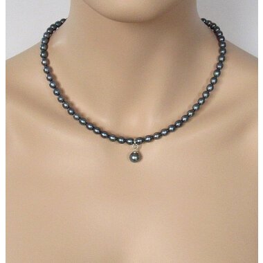 Halskette, Süßwasserperlen Kette, Perlenkette, Perlen Dunkel Blau, Silber 925