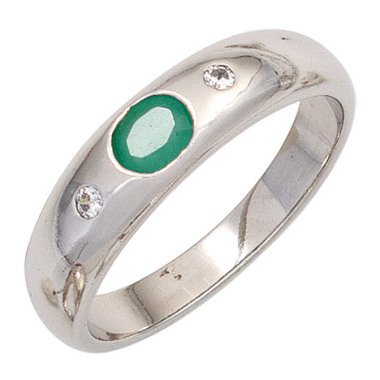 SIGO Damen Ring 925 Sterling Silber rhodiniert 1 Smaragd grün 2 Zirkonia