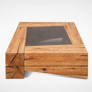 Designglastisch aus Glas & Design Sofatisch aus Asteiche Massivholz eingelassener