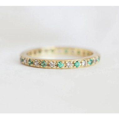 Diamant Und Smaragd Ehering, Pave Ring, Gold 18K Gelbgold Ehering