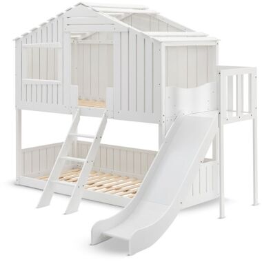 Kinderbett Baumhaus 90 x 200 cm mit Dach, Rutsche & Leiter – Etagenbett Weiß für
