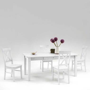Esstisch mit Stühlen im skandinavischen Landhausstil Weiß Kiefer massiv