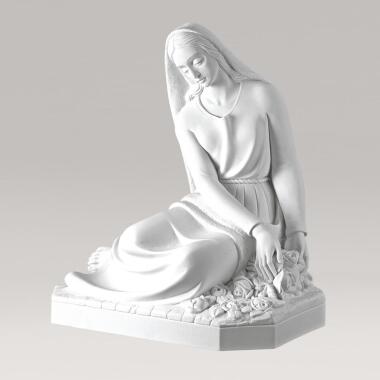 Grab Skulptur Madonna aus Marmorguss Maria mit Blumen