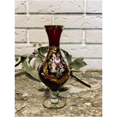 Kleine Mid Century Glasvase | Blumenvase Dekorative Handbemalte Vase Längliche