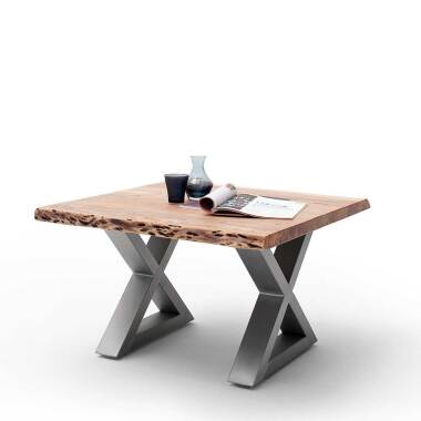 Baumkanten Sofa Tisch aus Akazie Massivholz und Edelstahl Loft Design