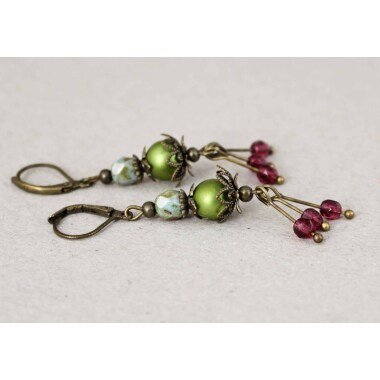 Brautschmuck mit Perlen & Ohrringe, Olivgrün, Perlen, Fuchsia, Antik Bronze