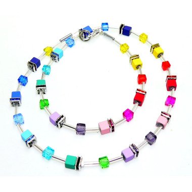 Halskette, Würfelkette, Collier, Necklace, Würfel, Cube, Hämatit, Kristallglas