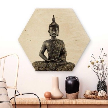 Hexagon-Holzbild Zen Buddha Stein