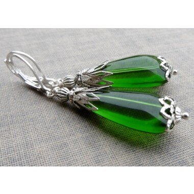 Ohrringe Absinto Große Glas-Tropfen Grün Mit Silber