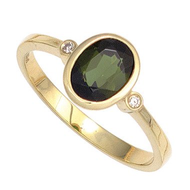 SIGO Damen Ring 585 Gold Gelbgold 1 Turmalin grün 2 Diamanten 0,02ct. Goldring