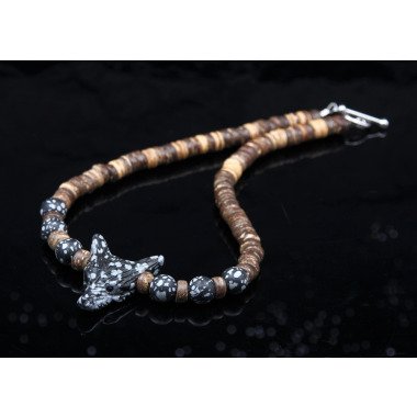 Perlenkette in Schwarz & Wikinger Wolf Perlen Halskette Obsidian Und Holz