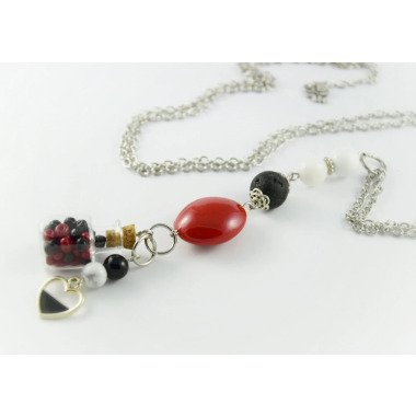 Sehr Lange Medaillon Kette in Schwarz, Weiß, Rot, Glas Fläschchen Halskette